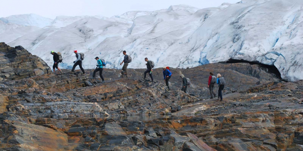 Hiking at the nunatac of the Grey Glacier